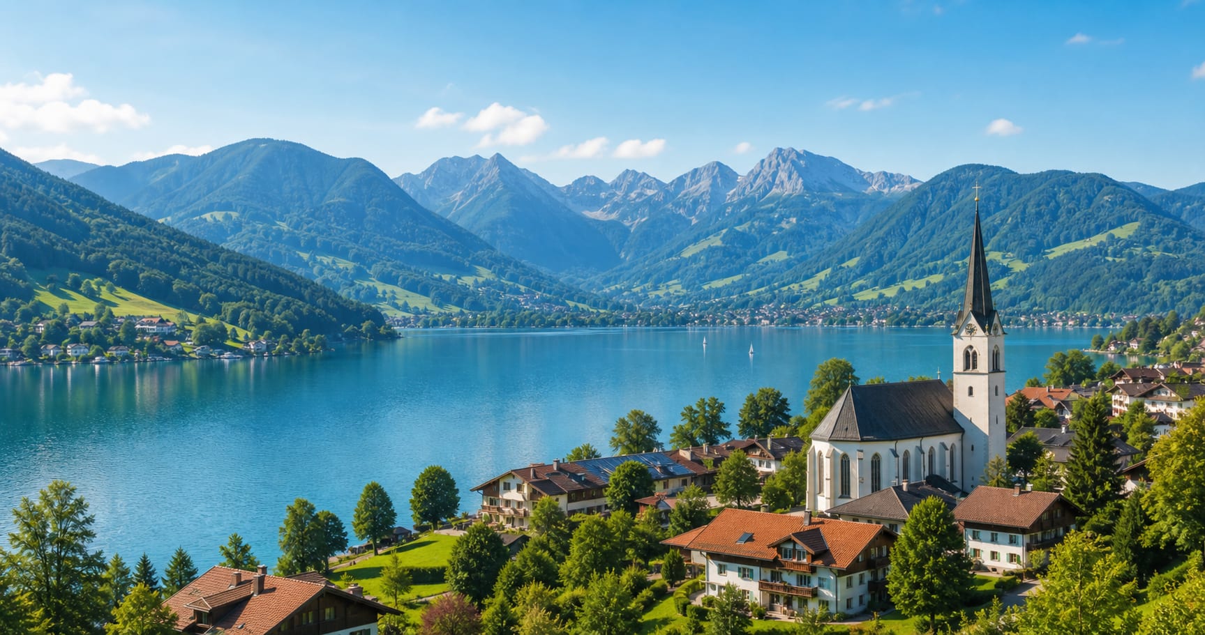 Blick auf den Tegernsee mit Ort und Kirche in der Region Bad Wiessee
