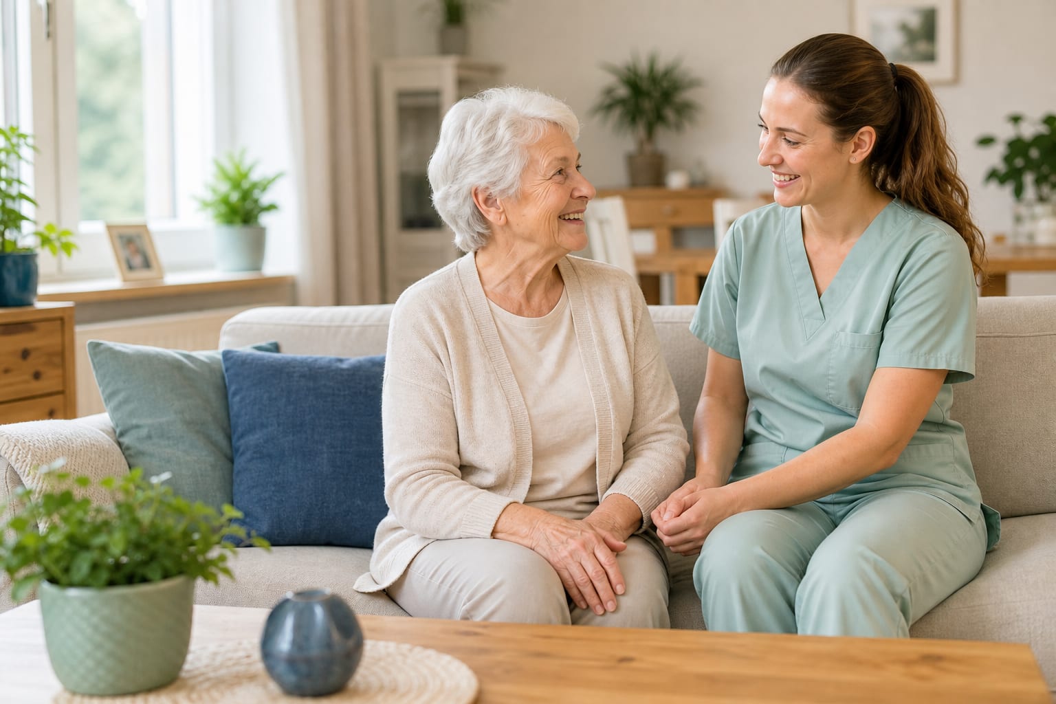 Pflegekraft im Beratungsgespr&auml;ch mit Seniorin zu Hause am Tegernsee